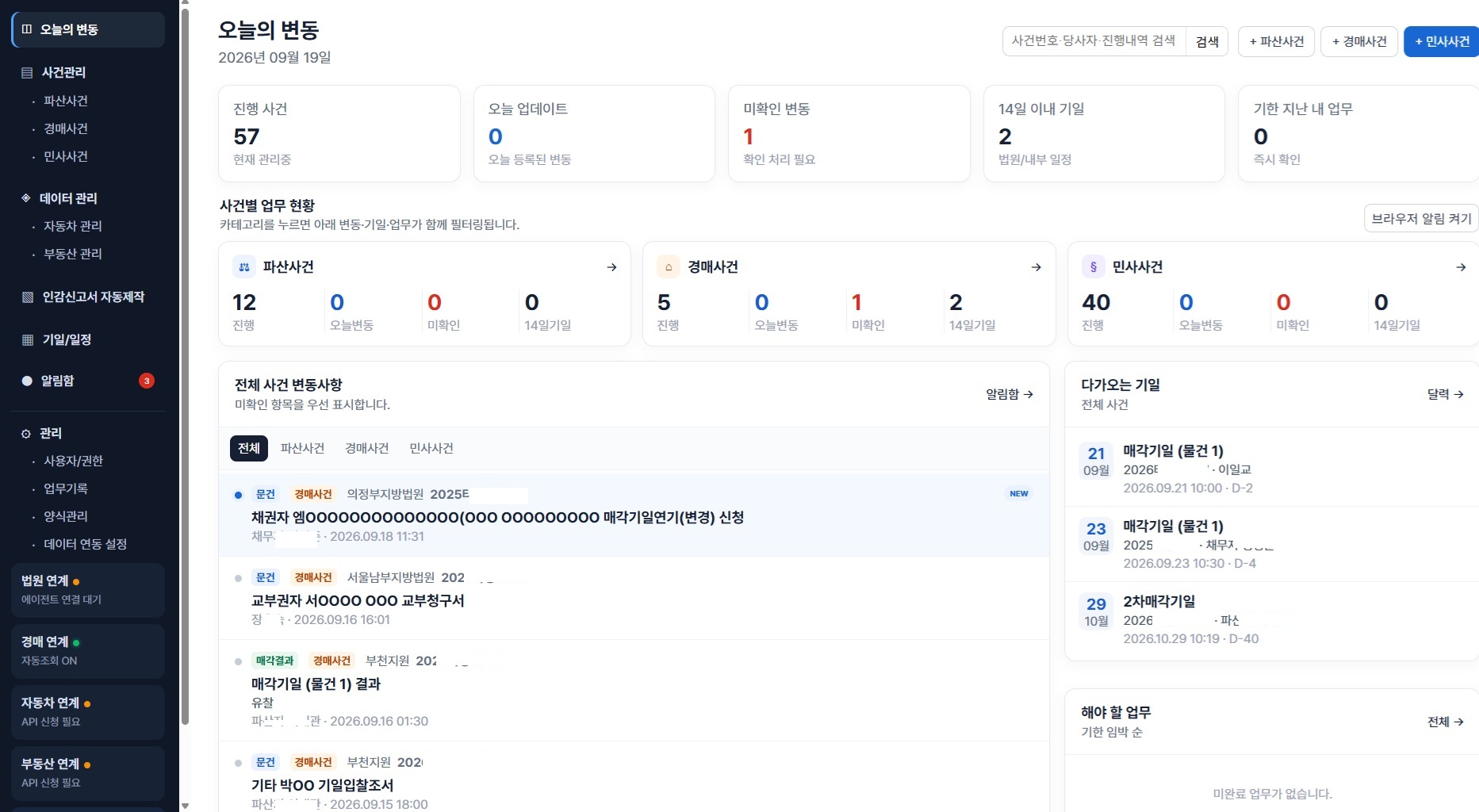 파산·회생, 민사, 경매 사건을 유형별로 관리하는 법률 사건관리 화면
