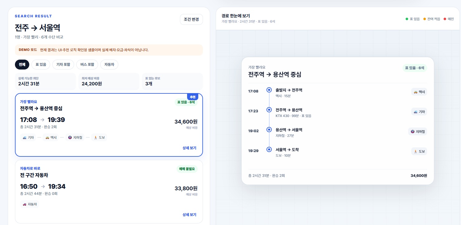 이동 목적에 맞춰 교통수단과 검색 조건을 설정하는 화면