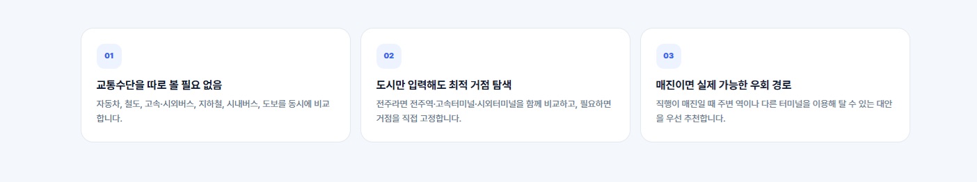 도시 주변 이동 거점을 검색하고 선택하는 경로 추천 화면